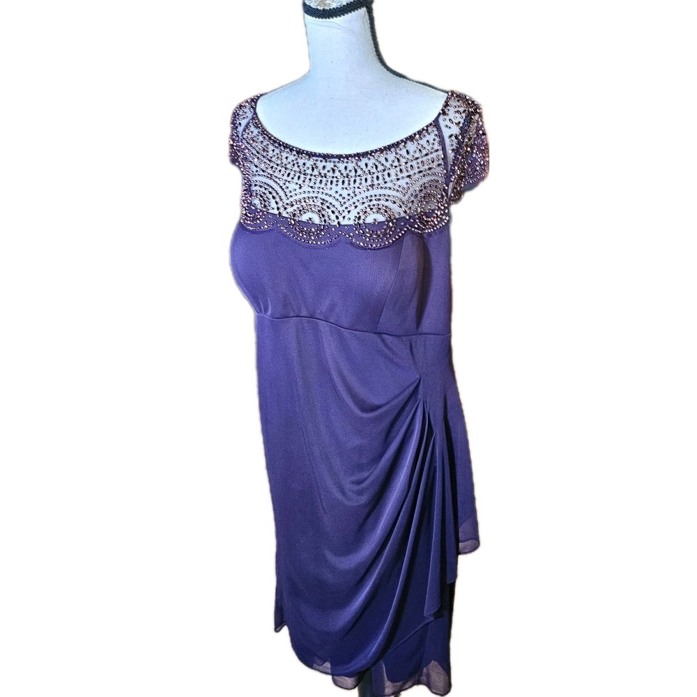Xscape By Joanna Chen SZ 14W Plum Beaded Ruched Side Formal Dress Party/Cocktail